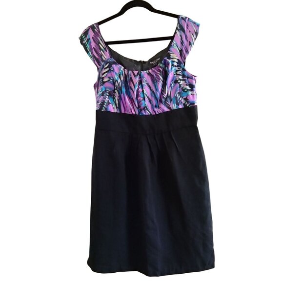 Perceptions New York Size 12 Dress Black Skirt Multicolor Print Cap Sleeves Back - Picture 2 of 10